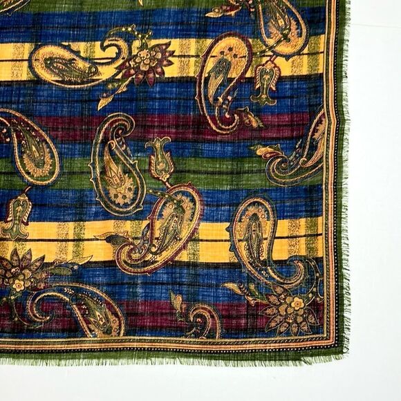 Albert Nipon Wool Square Scarf Shawl Green Blue Yellow Paisley 44x44” Vtg - Picture 8 of 11
